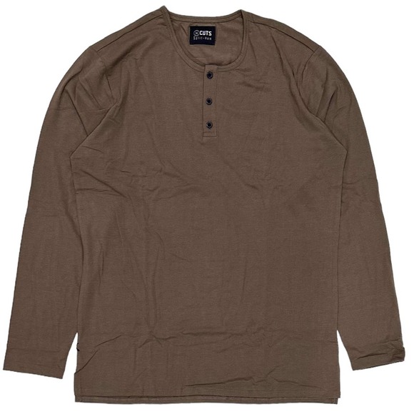 Cuts Clothing Men's Split Hem Henley Long Sleeve Tee T-Shirt - Brown - Picture 1 of 3